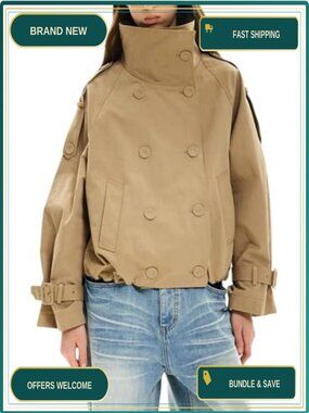 Womens Cropped Trench Coat Funnel Neck Double Breasted Pleated Hem Fall